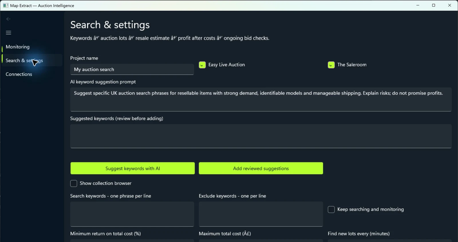 auction intelligence software: Search settings