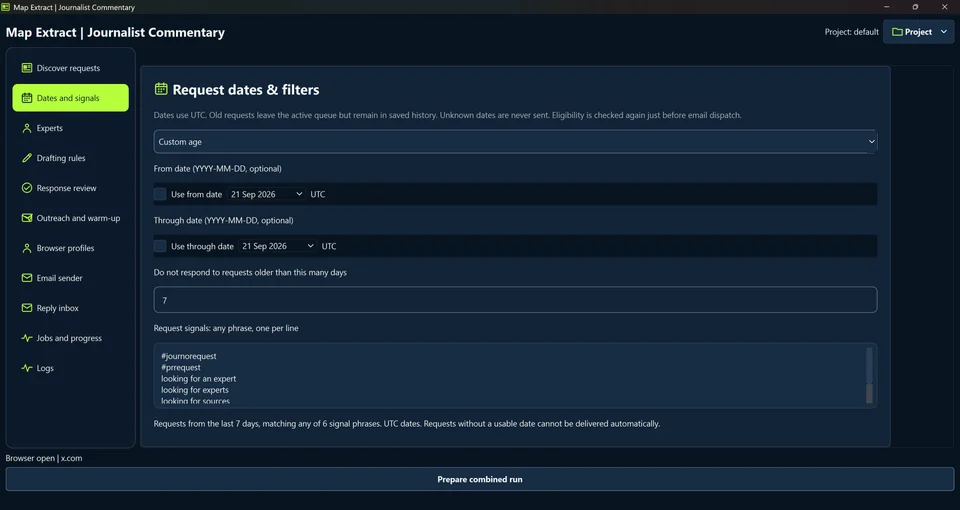 Set dates and request signals