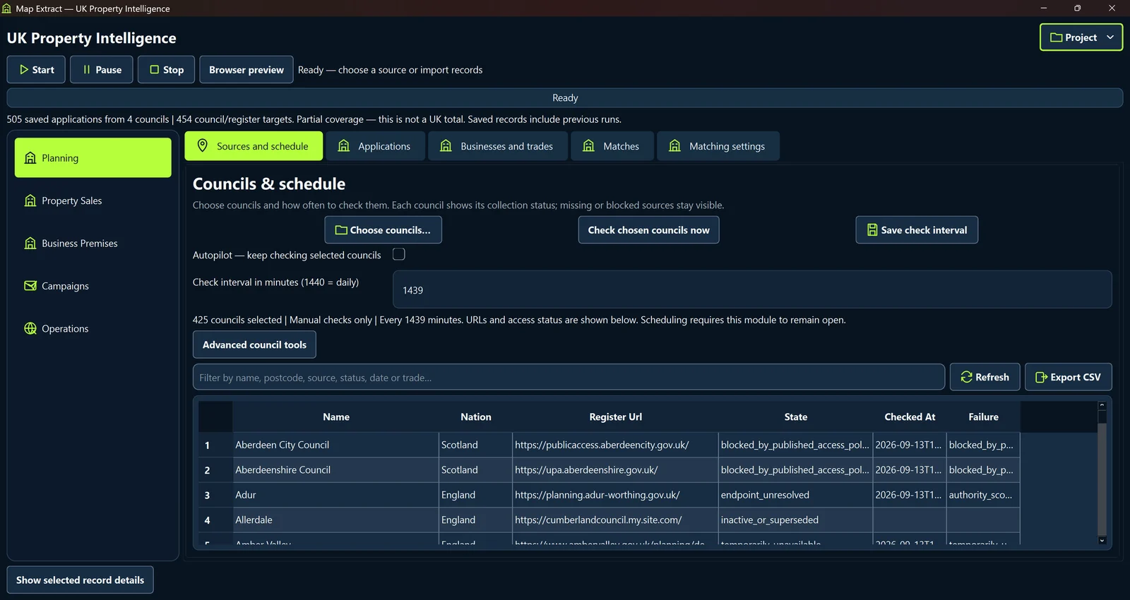 Choose councils and inspect source states