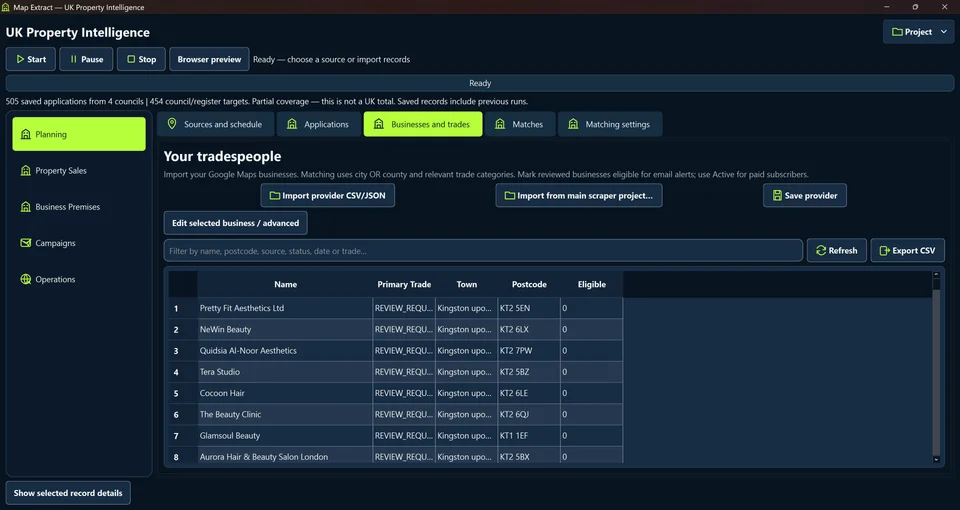 Import and review trades businesses