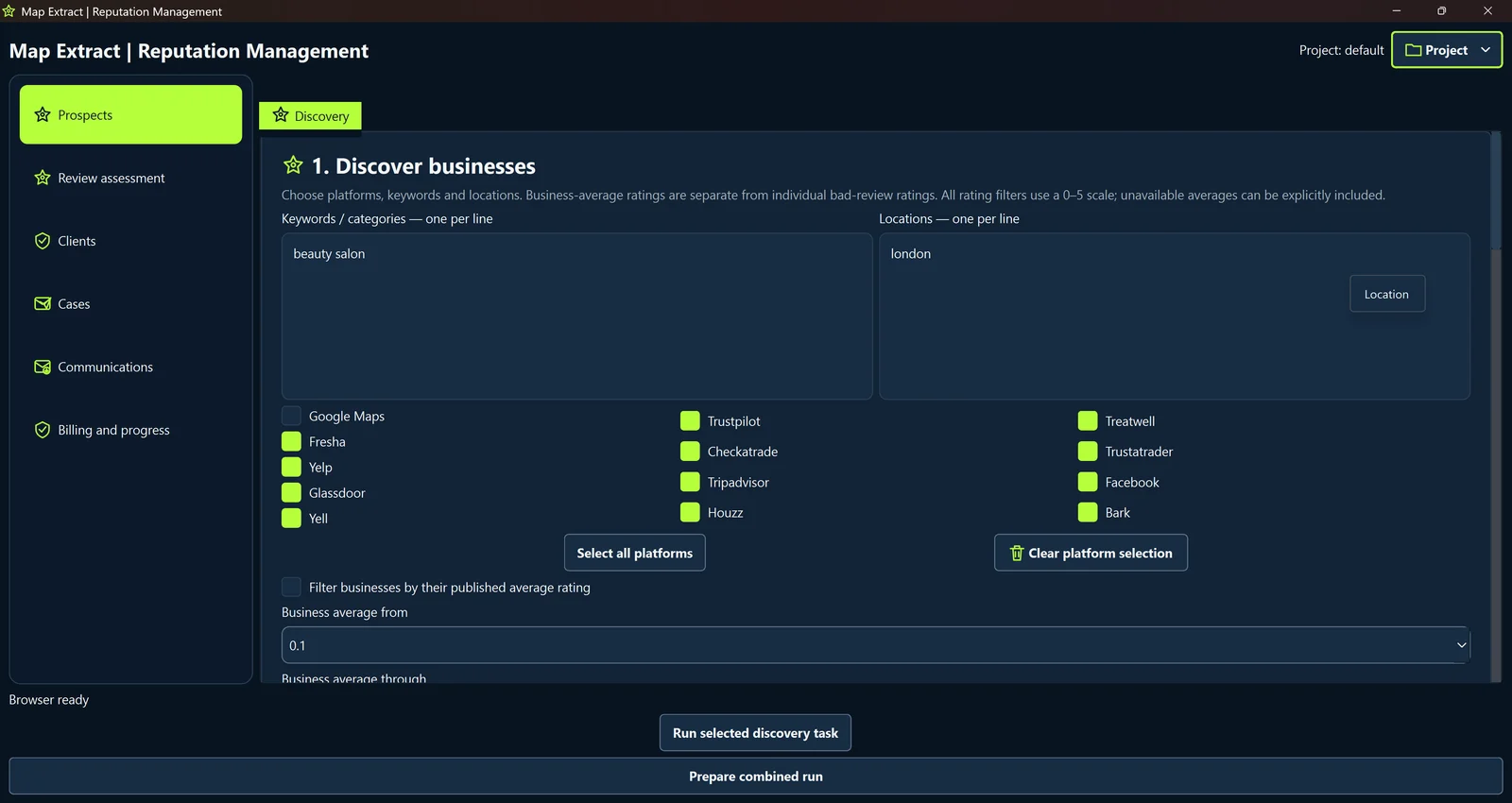 Find businesses across review platforms
