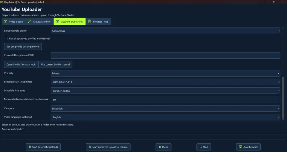 Confirm the account, channel and visibility